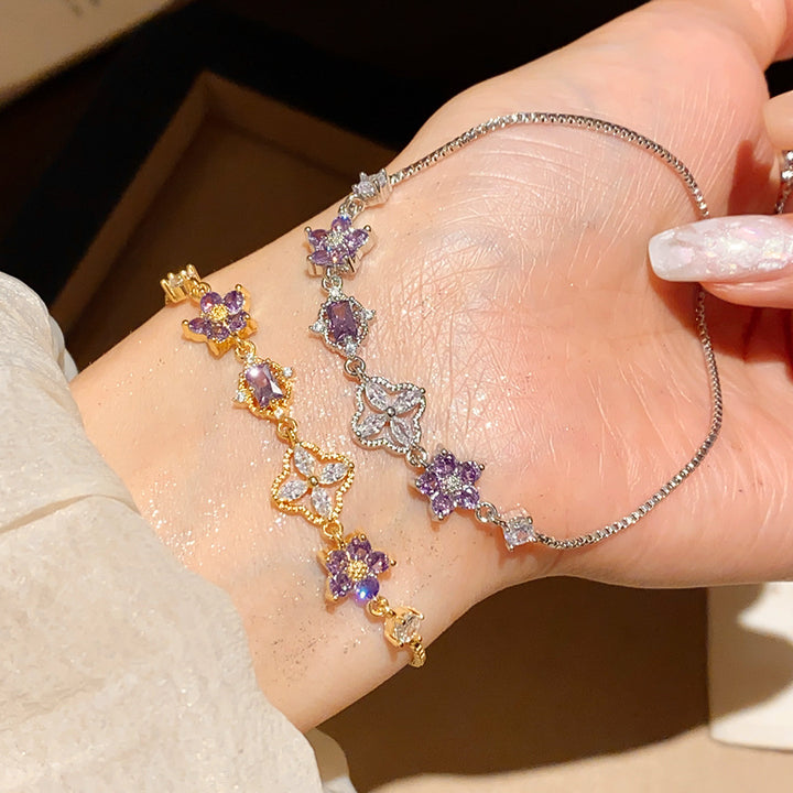 Purple‑Diamond Flower & Clover Adjustable Bracelet