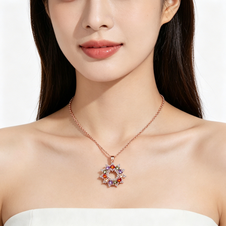 Multi-Color Gem Wreath Snowflake Rose Gold Pendant Necklace