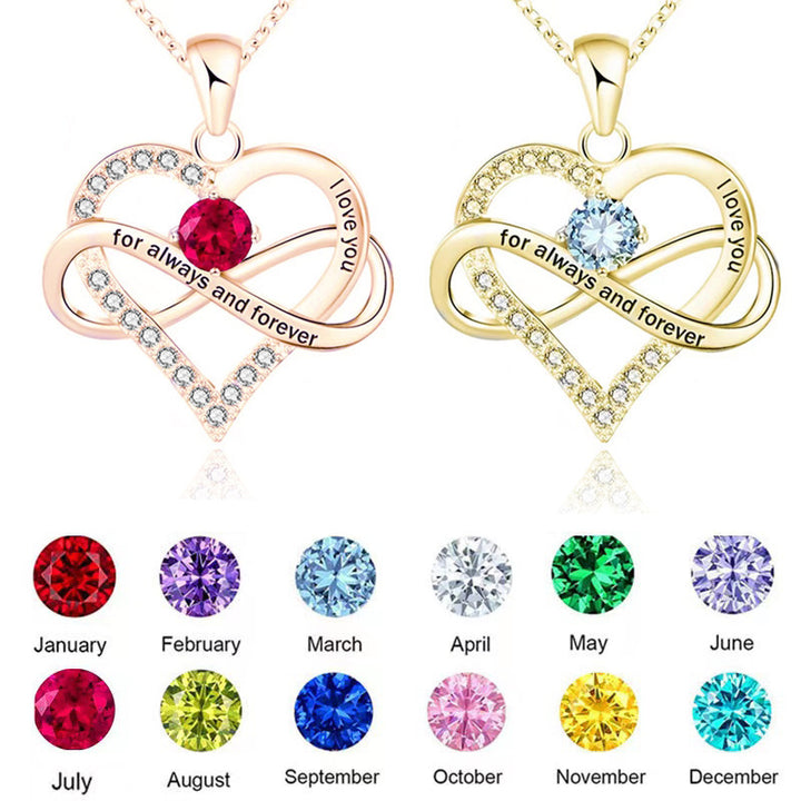 Infinity Intertwined Heart Engraved Birthstone Necklace, Eternal Love Heart Pendant Clavicle Chain with Birthstone