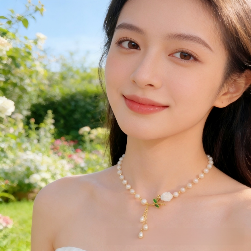 S925 Silver Rose Pearl Tassel Necklace, French Gentle Style Camellia Adjustable Pearl Clavicle Chain