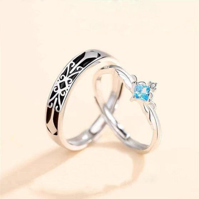 Knight & Princess Couple Ring Set (S925 Silver Blue Gem Vintage Wedding Band)