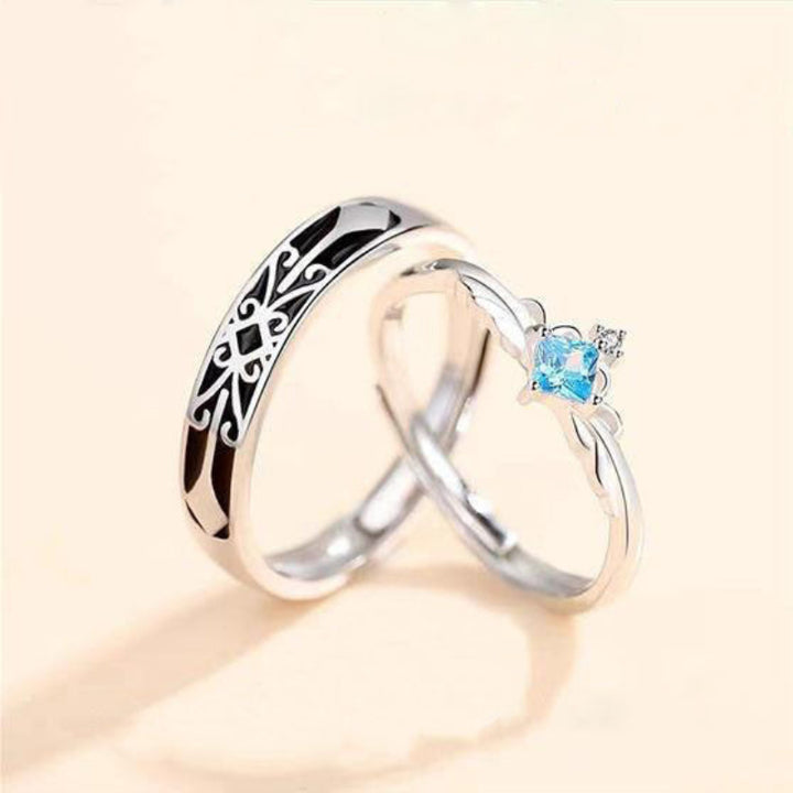 Knight & Princess Couple Ring Set (S925 Silver Blue Gem Vintage Wedding Band)