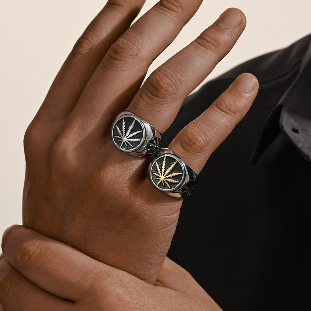 Vintage Maple Leaf Embossed Two-Tone Signet Ring, S925 Silver Gold & Silver Two Tone Street Wide Band For Men