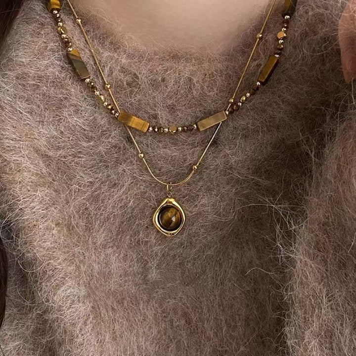Vintage Tiger Eye Stackable Necklace Set, Mead Style Natural Stone Beaded Choker, Detachable Double Layer Necklaces