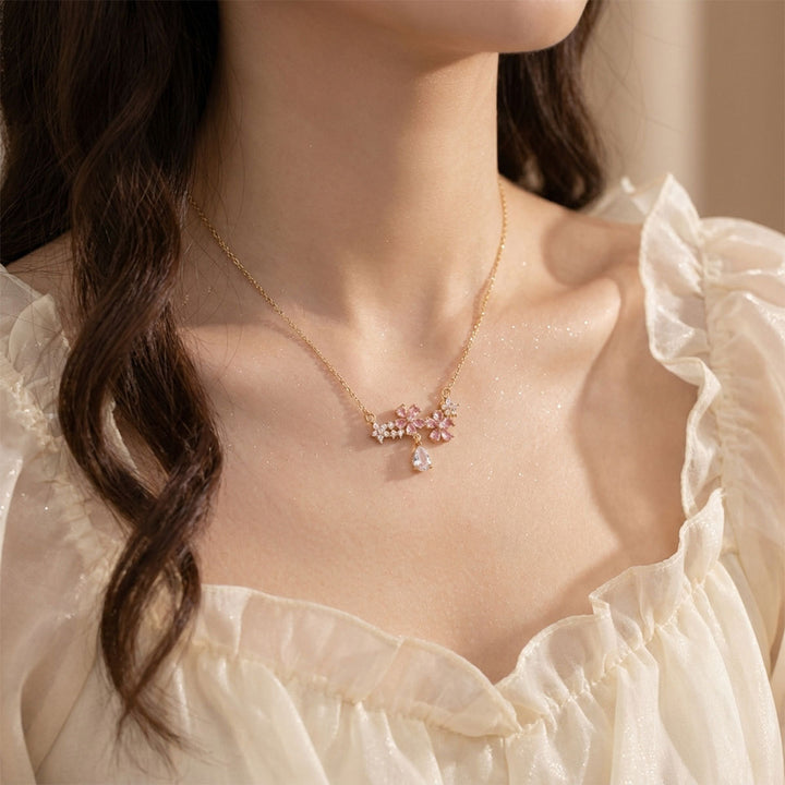 Pink Diamond Cherry Blossom Teardrop Clavicle Necklace, Dainty Floral Paved Stone Thin Chain
