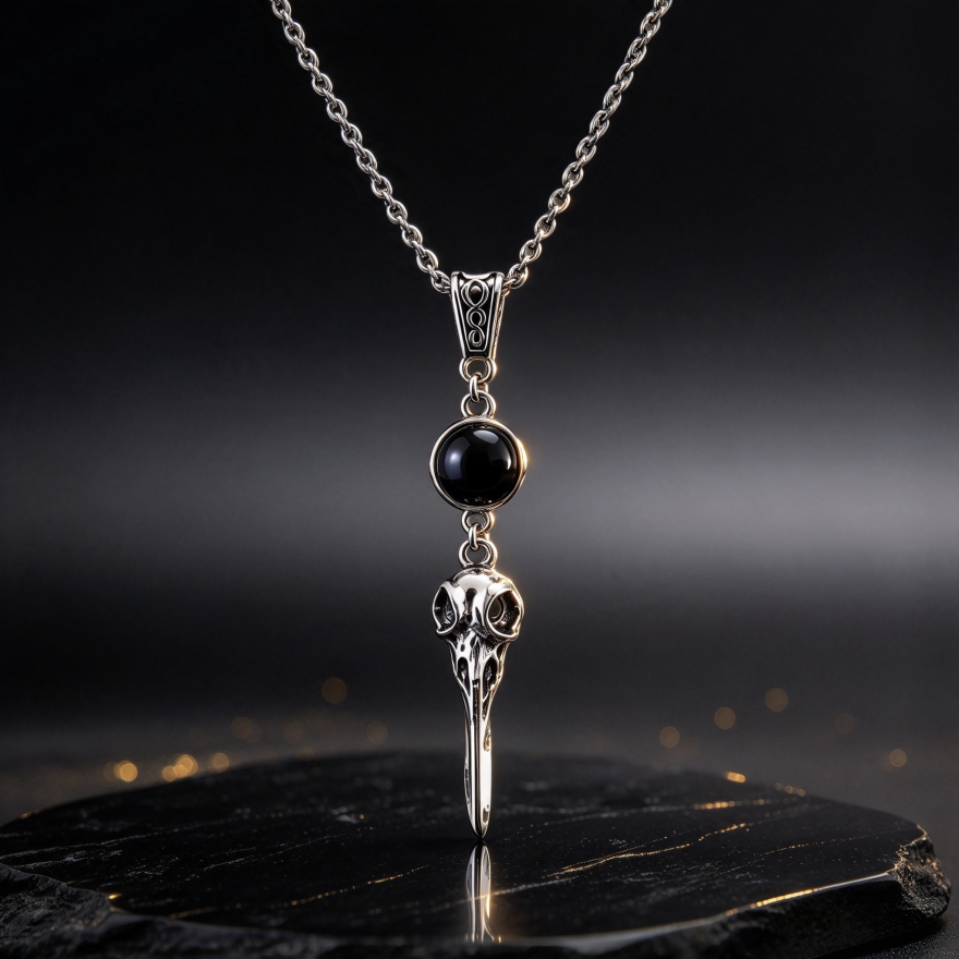 Raven Skull Black Onyx S925 Silver Necklace, Vintage Antiqued Gothic Crown Bird Head Pendant, Unique Necklace For Men