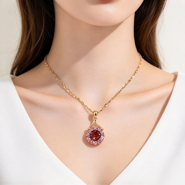 Red Center Stone With Pink Halo S925 Silver Gold‑Plated Necklace