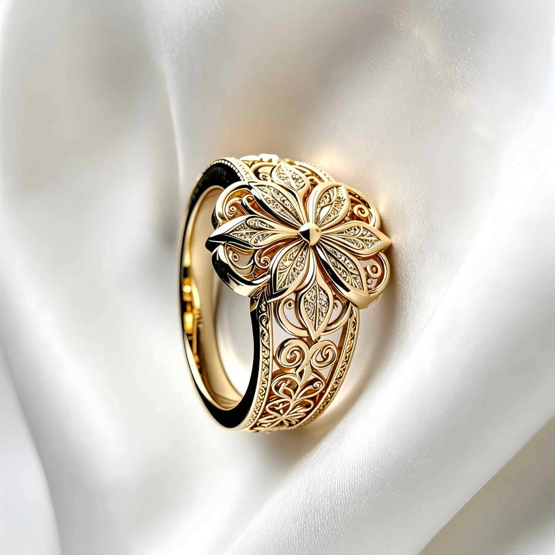 Vintage Hollow Eight-Petal Flower Wide Band Ring, Gold & Silver European Palace Plain Carved Heavy Craft  Ring
