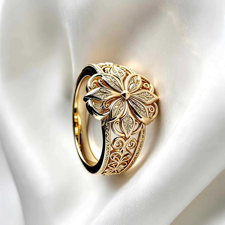 Vintage Hollow Eight-Petal Flower Wide Band Ring, Gold & Silver European Palace Plain Carved Heavy Craft  Ring