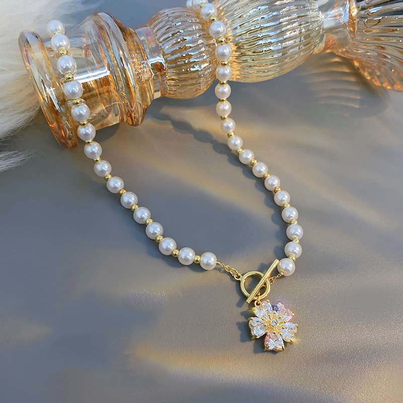 Pearl Beaded Pave Diamond Cherry Blossom OT Clasp Collarbone Necklace, Gentle Girly French Floral Pearl Chain