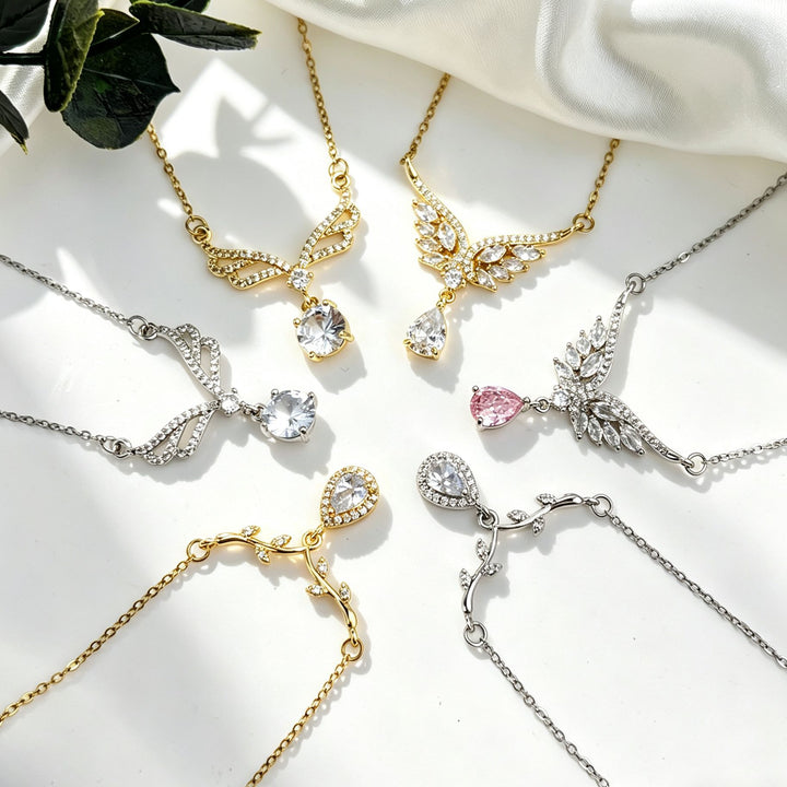 Angel Wing Teardrop Diamond Collarbone Necklace, Multiple Wing Styles Pink & White Diamond 14K Gold Plated Dainty Ladies Necklace