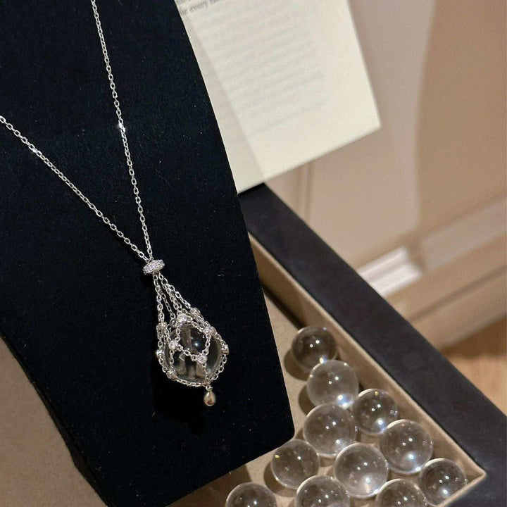 Crystal Ball "Wish Net" Pendant Necklace (Minimalist Silver Tone Clavicle Chain)