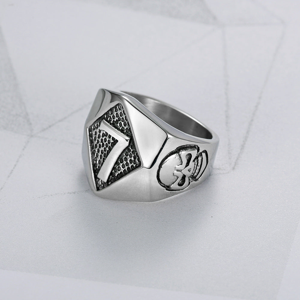 Lucky Number 7 Symbol Ring (Vintage American Biker Style Band)