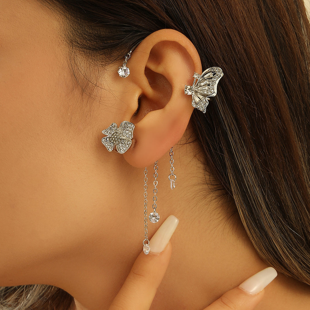 Butterfly Flower Tassel Integrated Ear Cuff, Non-Pierced Paved Diamond Long Ear Wrap Gold & Silver Fairy Dangle Jewelry