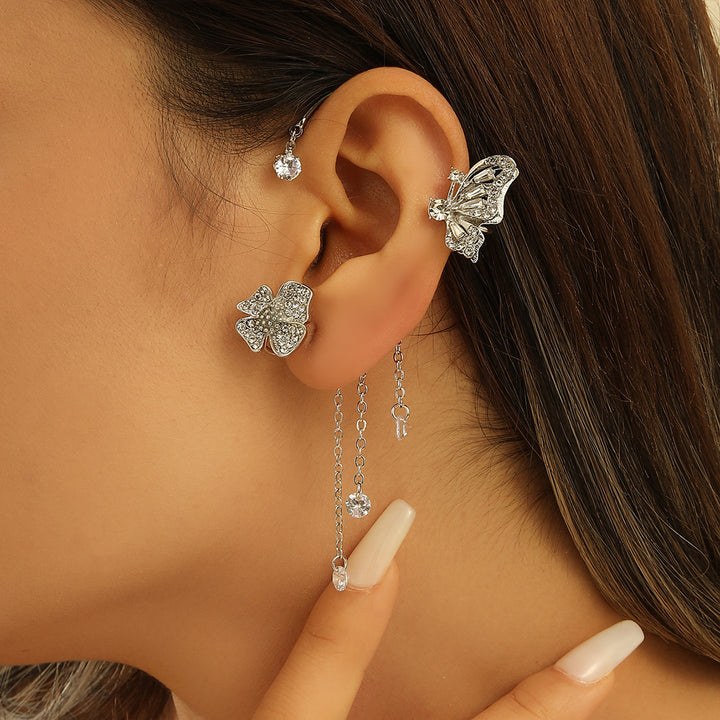Butterfly Flower Tassel Integrated Ear Cuff, Non-Pierced Paved Diamond Long Ear Wrap Gold & Silver Fairy Dangle Jewelry