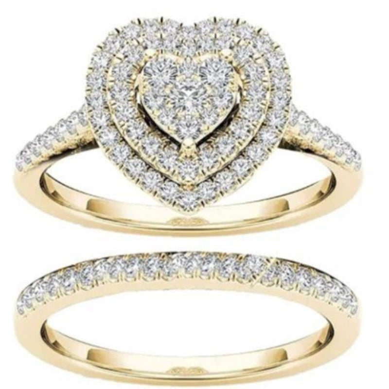 Double Heart Cluster Diamond Ring Two-Piece Set, European Luxury Engagement Wedding Ring Set Full Pave Heart Band for Women