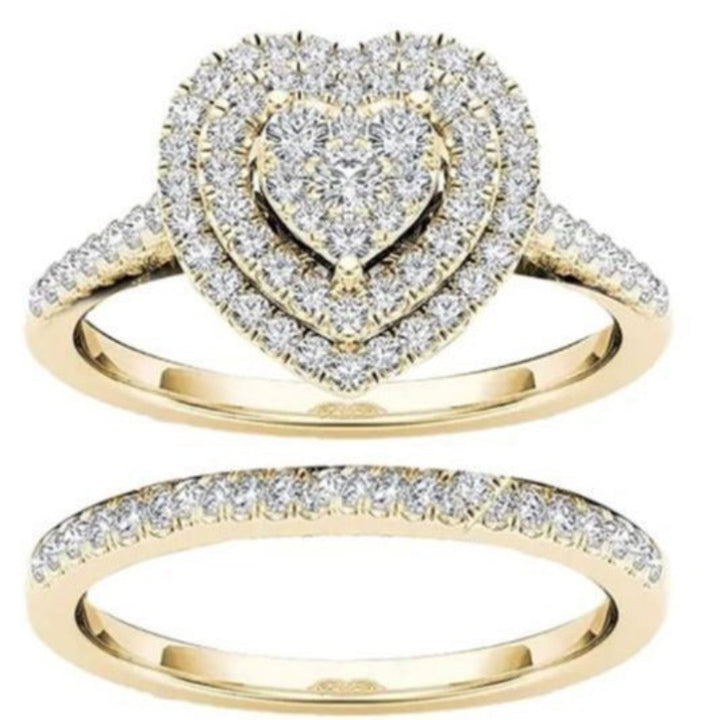 Double Heart Cluster Diamond Ring Two-Piece Set, European Luxury Engagement Wedding Ring Set Full Pave Heart Band for Women