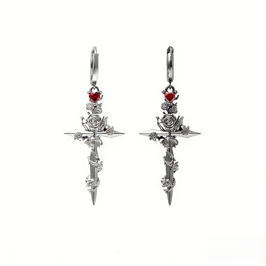 Gothic Rose Cross Sword Earrings (Edgy Punk Statement Hoops)
