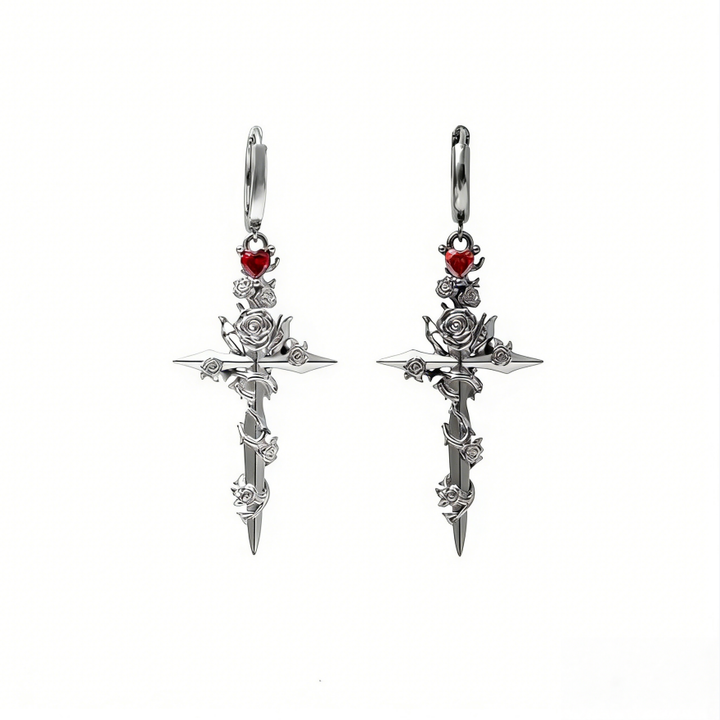 Gothic Rose Cross Sword Earrings (Edgy Punk Statement Hoops)