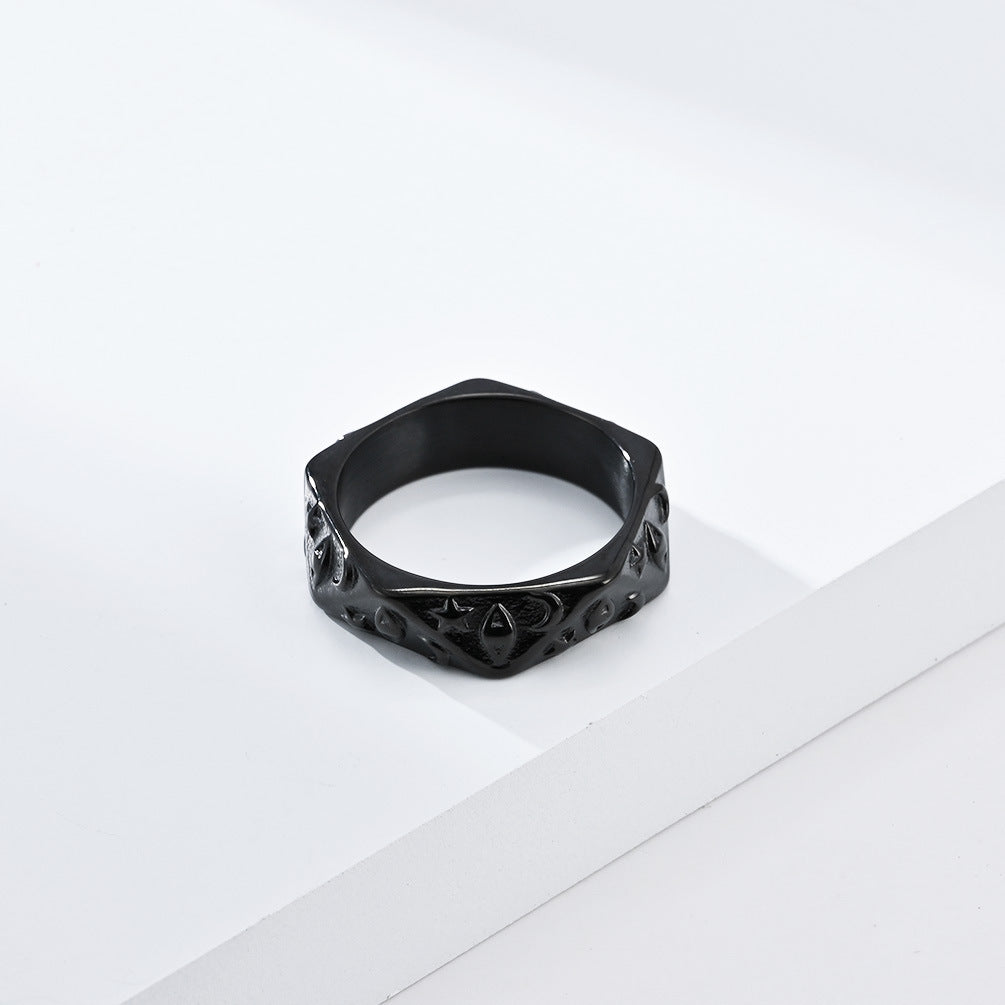 Polygonal 3D Sun Moon Star Embossed Ring, S925 Silver Gold / Silver / Black Trendy Unisex Band