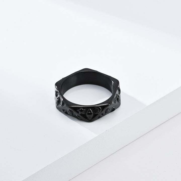 Polygonal 3D Sun Moon Star Embossed Ring, S925 Silver Gold / Silver / Black Trendy Unisex Band