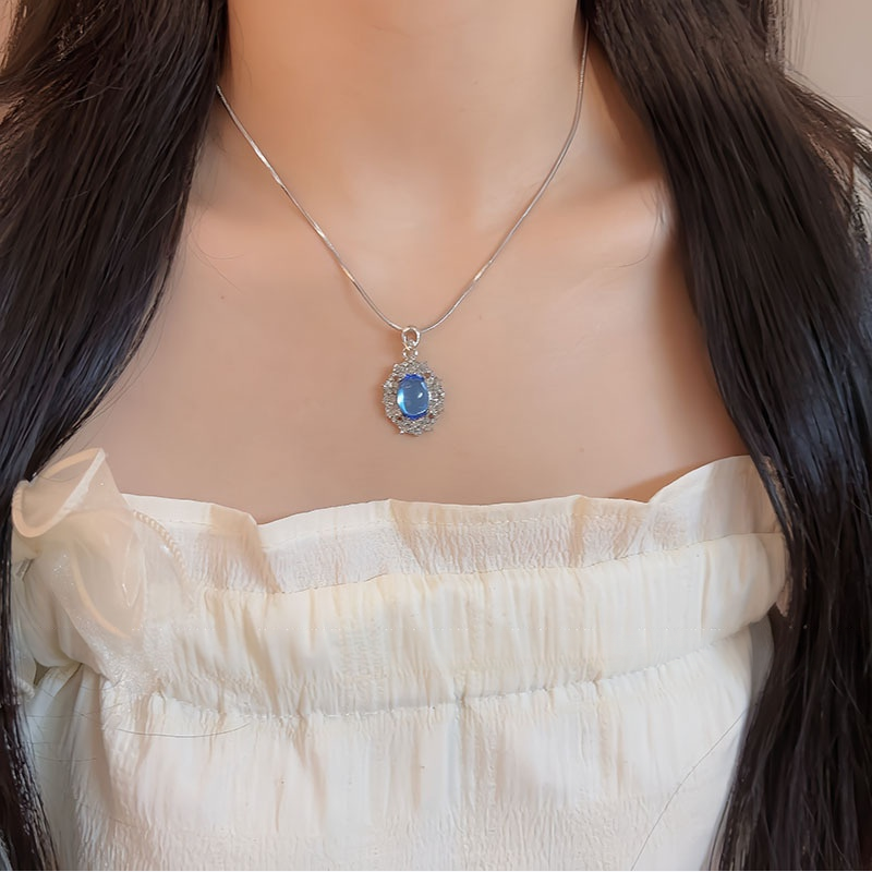 Vintage Sapphire Halo Pendant Snake Chain Necklace & Starry Blue Stone Cross Bracelet Set, Luxury Deep Blue Gem Jewelry Set