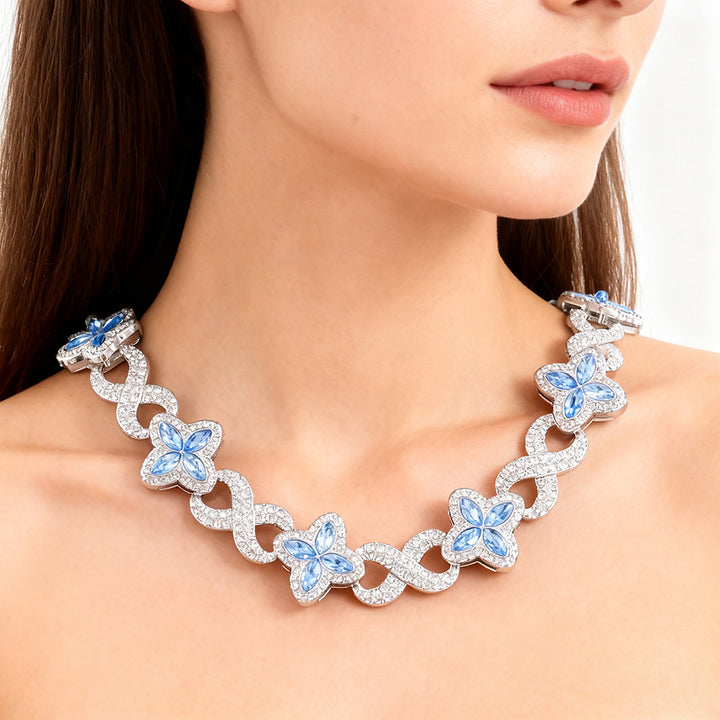Infinity Knot Clover Clear Diamond Jewelry Set, Gold & Silver Tone Luxury Pave White Gemstone Bracelet & Necklace