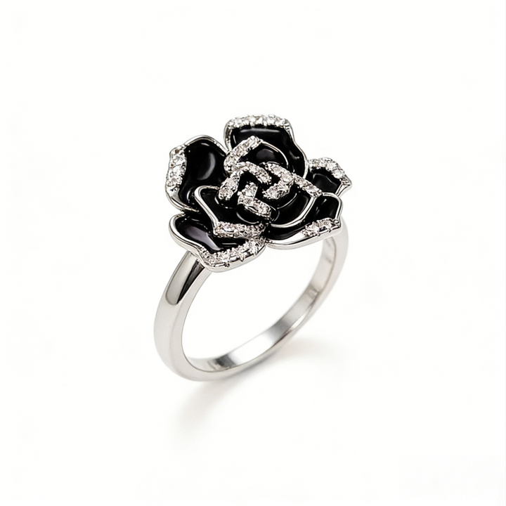 Black Enamel Camellia Pavé Ring (Luxury Vintage Elegant Band)