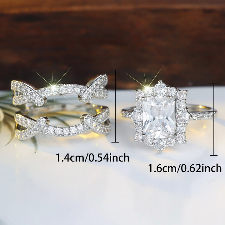Radiant Cut Rectangle DiamondDouble Stackable Bridal Ring Set, Solid S925 Silver Gold & Silver Two-Tone Pave Crystal Engagement 2-Piece Band
