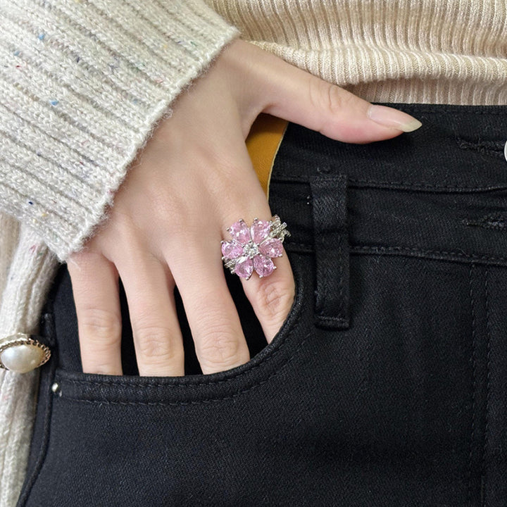 Six-Petal Pink Diamond Flower Open Ring, Heavy Luxury Sakura Pink Diamond Adjustable Hollow Band