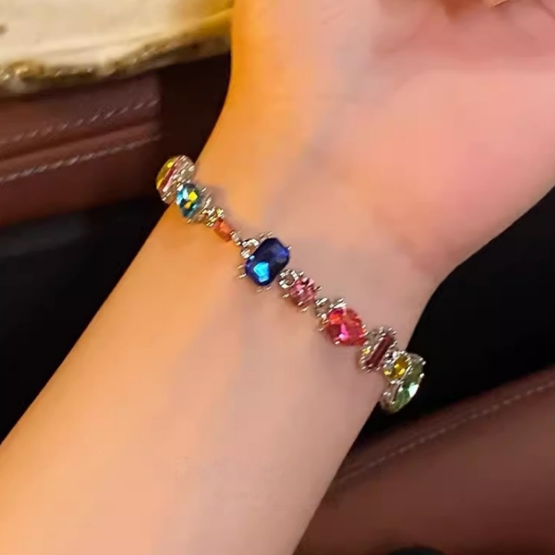 Multi-Shape Rainbow Diamond Prong Chain Jewelry, Gold &amp; Silver Rainbow Gem Bracelet &amp; Matching Choker Necklace Set