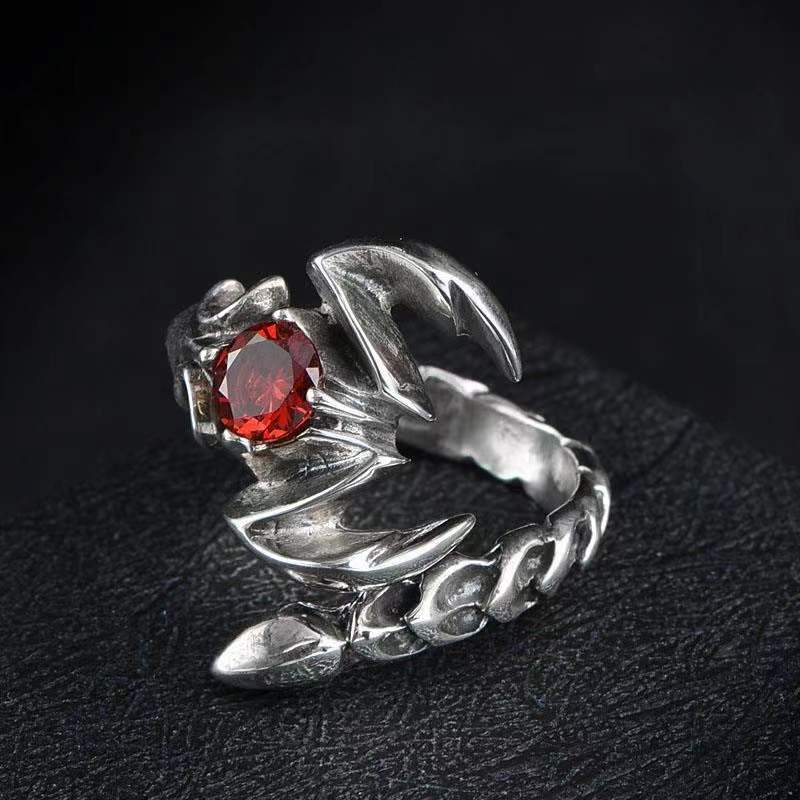 Dark‑Style Scorpion Ring With Red Gemstone, Open‑Band