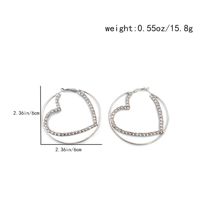 Double Layer Heart Rhinestone Hoop Earrings, Hollow Heart Diamond Circle Earrings, Gold & Silver Sweet Cool Earrings