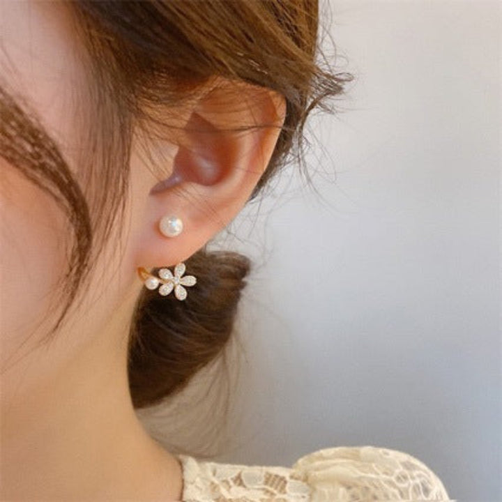 Pavé Diamond Flower Pearl S925 Silver Stud Earrings, Unique Curved Double Pearl Floral Jewelry