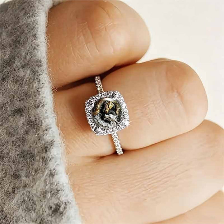 Square Halo‑Set Yin‑Yang Dual‑Dragon Printed Ring