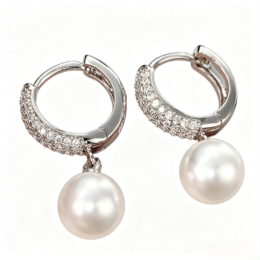 Paved C-Shape Pearl Leverback Hoop Earrings, 2-Way Detachable Dangle Pearl Luxury Daily Earrings for Women