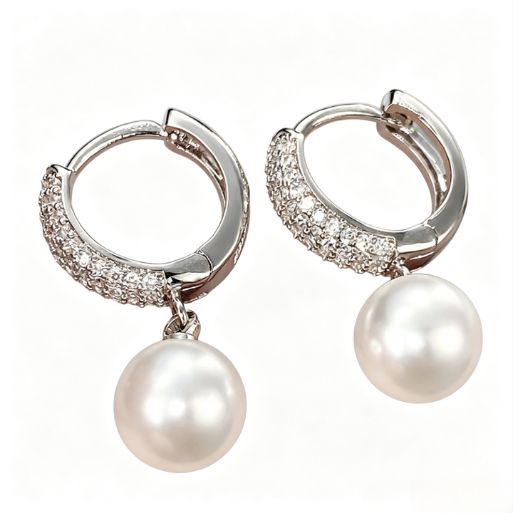 Paved C-Shape Pearl Leverback Hoop Earrings, 2-Way Detachable Dangle Pearl Luxury Daily Earrings for Women