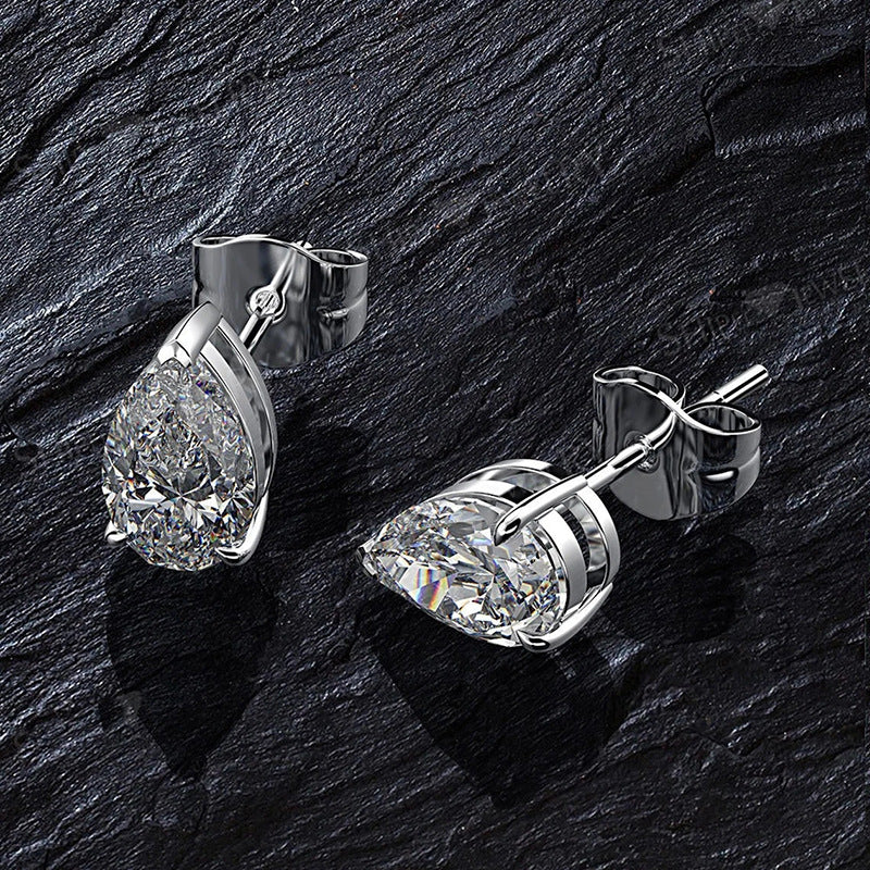 Pear Teardrop Single Diamond Stud Earrings, Minimalist 4-prong Setting Solid Diamond Studs, Silver Luxury Earrings