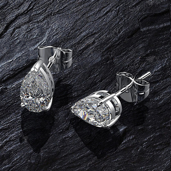 Pear Teardrop Single Diamond Stud Earrings, Minimalist 4-prong Setting Solid Diamond Studs, Silver Luxury Earrings