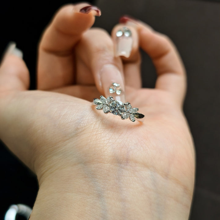 S925 Silver Three‑Flower Cluster Diamond Ring, Delicate Floral Row‑Diamond Simple Ring for Women