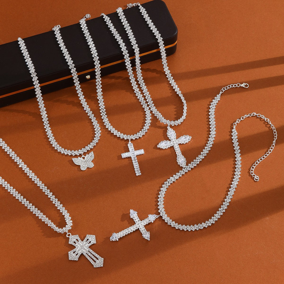 Full-Pavé Cross Pendant V-Shape Tennis Chain Necklace (Silver Tone Evening Jewelry)