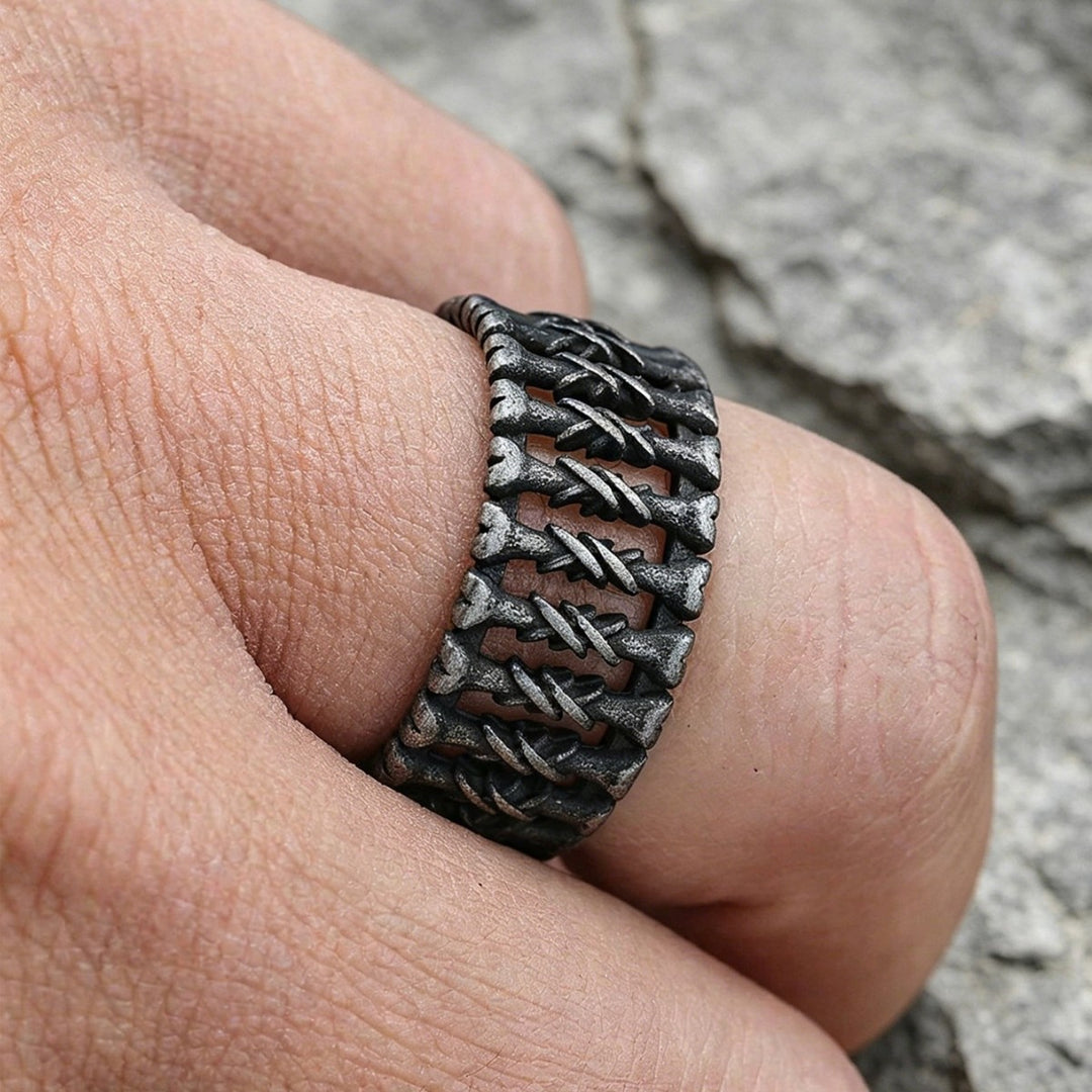 Antiqued Twisted Bone Hollow Wide Ring, S925 Silver Matte Black Dark Punk Unisex Band