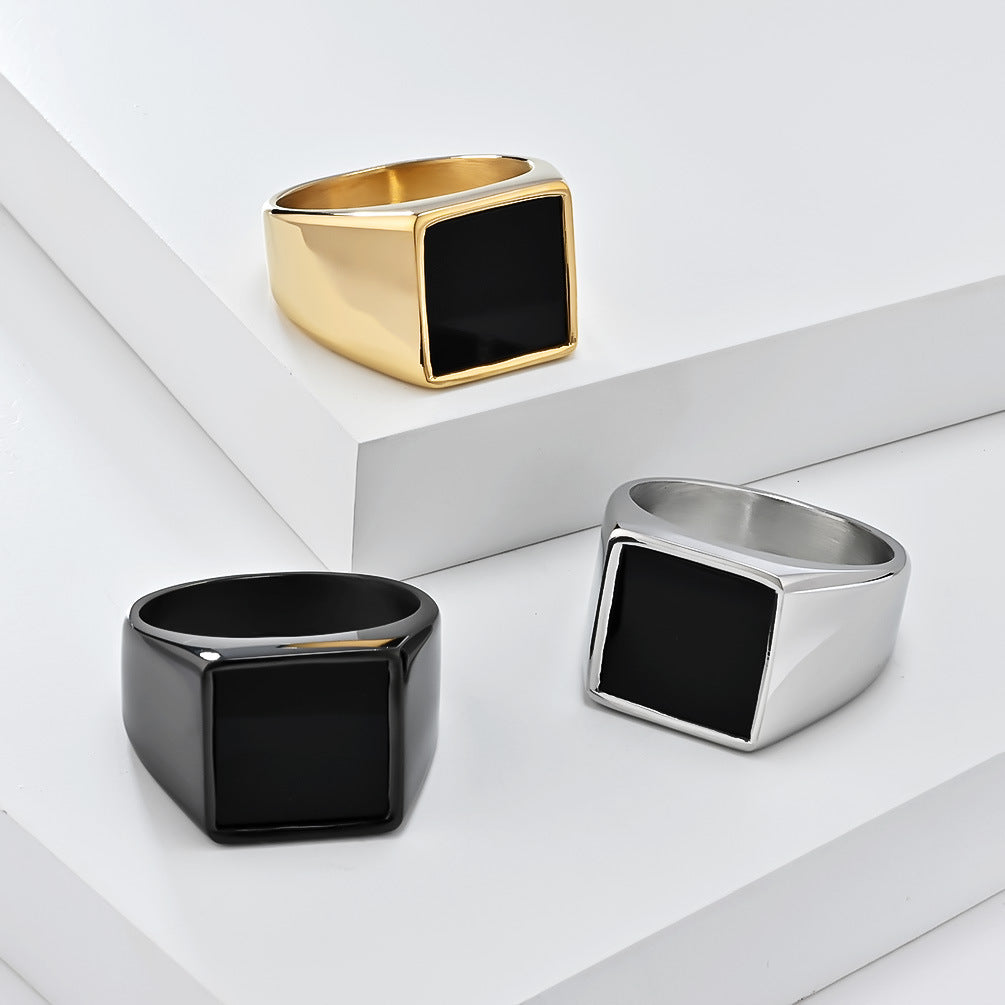 Minimalist Square‑Black‑Face Men’s Wide Signet Ring, 3‑Color Options