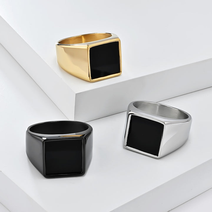 Minimalist Square‑Black‑Face Men’s Wide Signet Ring, 3‑Color Options