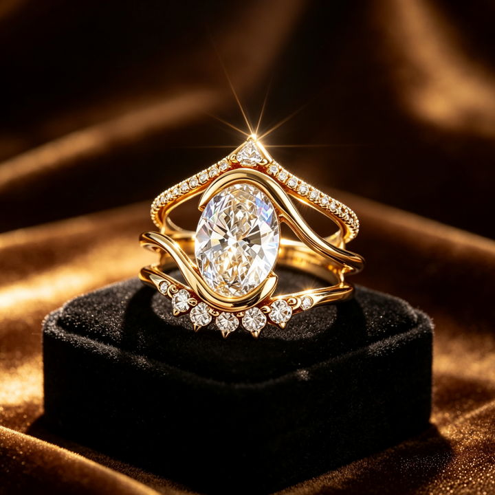 Gold Oval‑Stone Wave Stackable Ring Set
