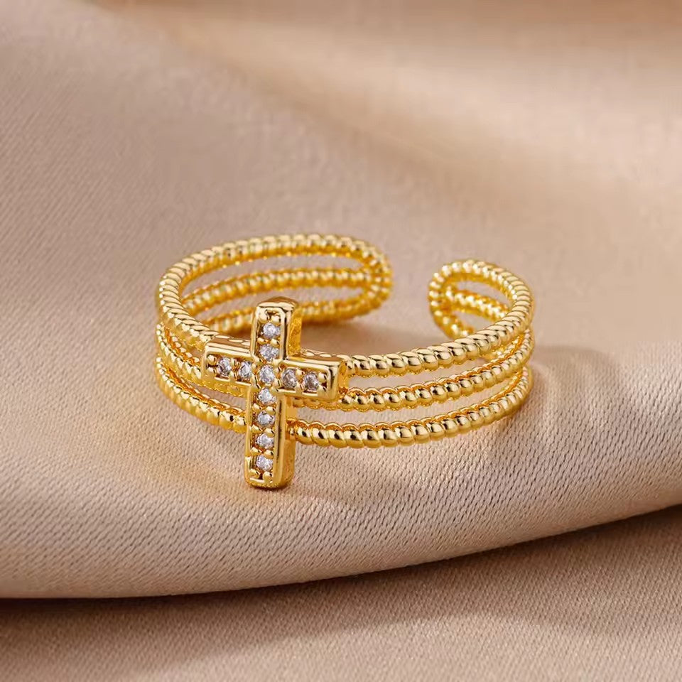 Three-Row Ball Beaded Cross Diamond Open Ring, 2 Colors Adjustable Band