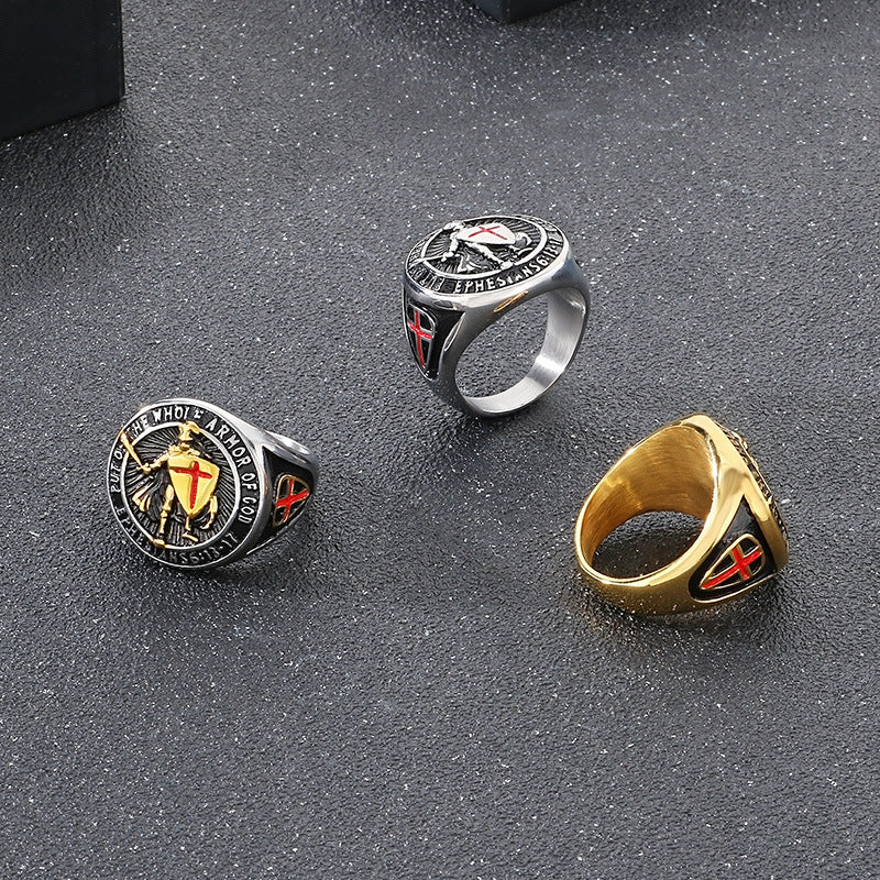 Full Armor of God Knight Cross Men's Signet Ring, 3‑Color Options
