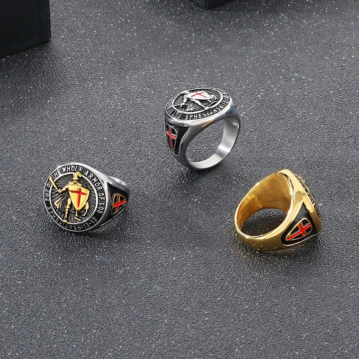 Full Armor of God Knight Cross Men's Signet Ring, 3‑Color Options
