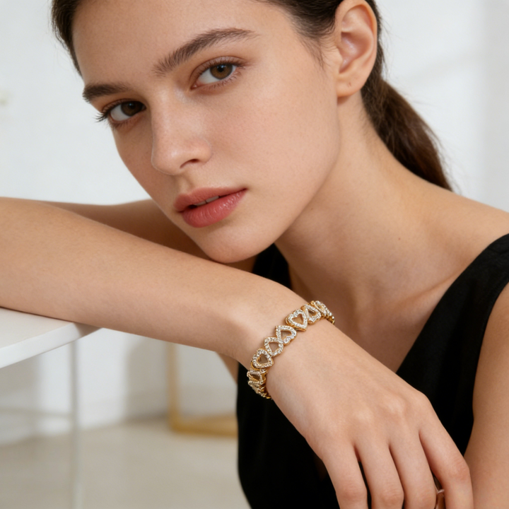 Heart Pavé Tennis Bracelet (3 Tone Delicate Romantic Bangle)