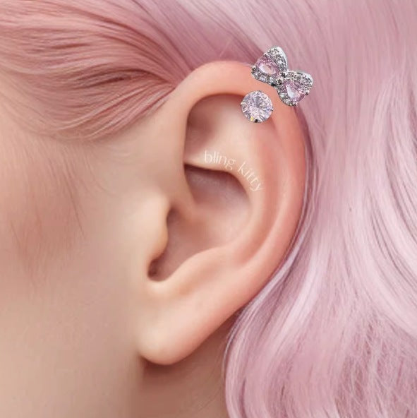 Paved Crystal Bow U-Shaped Piercing Jewelry, Titanium Lip Stud & Ear Stud Available in Multiple Colors